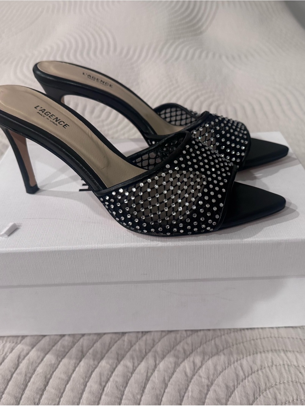 L'AGENCE Black Mesh Crystal-Studded Mule Heels